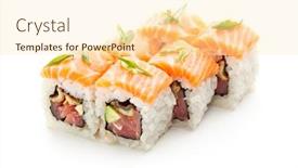  Presentation with tuna fish - Cool new PPT theme with fish maki sushi - roll with tuna eel and avocado inside topped with salmon and lettuce backdrop and a lemonade colored foreground
