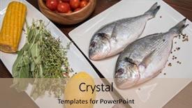  Presentation with fresh fruits and leafty greens - Colorful PPT theme enhanced with fish marketing - fresh uncooked dorado backdrop and a coral colored foreground