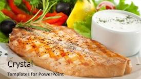  Presentation with salmon grilled fish salmon grilled - Presentation theme with fish meat - grilled salmon with vegetables eggs background and a yellow colored foreground