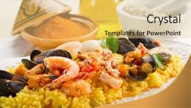  Presentation with food fish - Audience pleasing PPT layouts consisting of fish paella backdrop and a yellow colored foreground