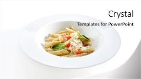  Presentation with penne pasta - Colorful presentation design enhanced with fish penne pasta al dente backdrop and a white colored foreground