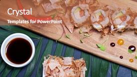  Presentation with cucumber cream - Colorful presentation design enhanced with fish plant culture - bonito maki sushi - rolls backdrop and a coral colored foreground