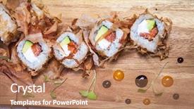  Presentation with cucumber cream - Slide deck with fish plant culture - bonito maki sushi - rolls background and a coral colored foreground