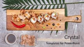  Presentation with cucumber cream - Colorful slides enhanced with fish plant culture - bonito maki sushi - rolls backdrop and a  colored foreground