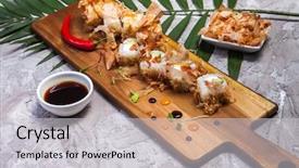  Presentation with cucumber cream - Audience pleasing PPT theme consisting of fish plant culture - bonito maki sushi - rolls backdrop and a  colored foreground