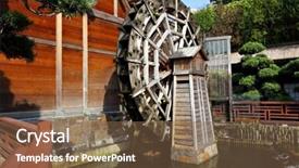  Presentation with rustic wood wooden frame - Colorful PPT theme enhanced with fish plant culture - wooden waterwheel backdrop and a violet colored foreground
