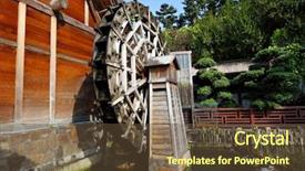  Presentation with wooden - Beautiful PPT theme featuring fish plant culture - wooden waterwheel backdrop and a tawny brown colored foreground