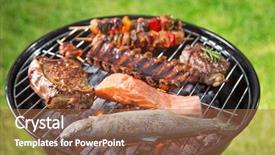  Presentation with fish port - Presentation design featuring fish port - delicious meats on garden grill background and a coral colored foreground