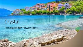  Presentation with ancient map of greece - Theme featuring fish port - fiskardo beach kefalonia island greece background and a light blue colored foreground