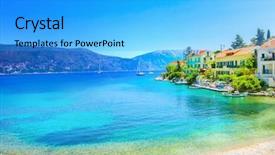  Presentation with cartoon village - Colorful PPT theme enhanced with fish port - fiskardo village kefalonia island greece backdrop and a cyan colored foreground