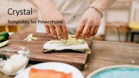  Presentation with sushi - Cool new presentation design with fish processing - male cook hands making sushi backdrop and a soft green colored foreground