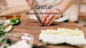  Presentation with fish processing - Beautiful presentation theme featuring fish processing - male cook making sushi rolls backdrop and a coral colored foreground