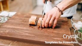  Presentation with fish processing - Audience pleasing presentation theme consisting of fish processing - male person cooking sushi japanese backdrop and a red colored foreground