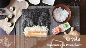  Presentation with fish processing - PPT theme enhanced with fish processing - process of making sushi background and a coral colored foreground