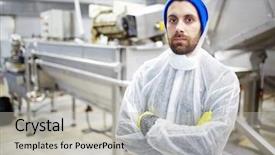  Presentation with staff - Audience pleasing PPT layouts consisting of fish processing - serious young staff of seafood backdrop and a light gray colored foreground