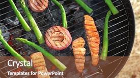  Presentation with summer outdoor bbq grill party - Amazing slide deck having fish processing - tasty salmon slices with vegetables backdrop and a tawny brown colored foreground