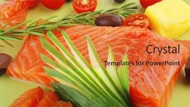  Presentation with fresh fruits and vegetables - PPT layouts featuring fish restaurant - fresh smoked salmon fillet background and a  colored foreground