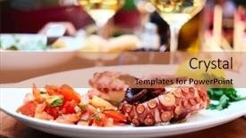  Presentation with octopus - Presentation featuring fish restaurant - octopus salad close up shallow background and a coral colored foreground