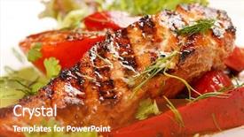  Presentation with salmon fish - Beautiful PPT theme featuring fish restaurant - salmon steak with vegetables backdrop and a crimson colored foreground