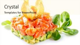  Presentation with salmon fish - Slide set with fish restaurant - salmon tartar over white background background and a blonde colored foreground