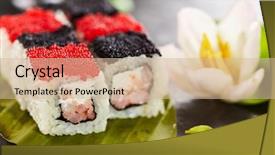  Presentation with prawn - Cool new theme with fish roe served on banana backdrop and a  colored foreground