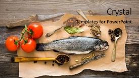  Presentation with trout - PPT theme featuring fish scales - fresh raw trout with tomatoes background and a coral colored foreground