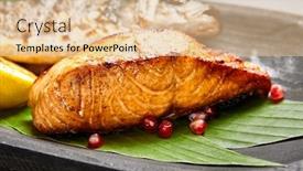  Presentation with salmon grilled fish salmon grilled - Slides enhanced with fish-served-on-wooden-rustic background and a lemonade colored foreground