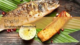  Presentation with salmon grilled fish salmon grilled - Beautiful theme featuring fish-served-on-wooden-rustic backdrop and a yellow colored foreground