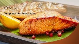  Presentation with salmon grilled fish salmon grilled - Audience pleasing PPT layouts consisting of fish-served-on-wooden-rustic backdrop and a coral colored foreground
