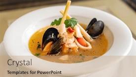  Presentation with restaurant - Presentation design featuring fish-soup-in-the-restaurant background and a coral colored foreground