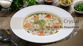  Presentation with soup - Presentation theme consisting of fish-soup-on-wooden-table background and a coral colored foreground