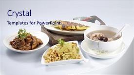  Presentation with fried chicken - Audience pleasing PPT theme consisting of fish stir fried bitter gourd backdrop and a  colored foreground