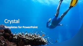  Presentation with reef octopus underwater - Theme with fish swimming - freediver gliding underwater over vivid background and a teal colored foreground