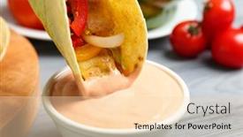  Presentation with taco - Slides enhanced with fish taco dipped in sauceboat with tasty creamy tomato sauce on wooden table background and a lemonade colored foreground