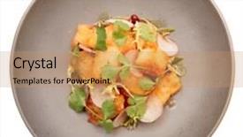  Presentation with porcelain - Cool new slide deck with fish tempura in grey porcelain plate isolated on white background backdrop and a coral colored foreground