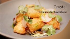  Presentation with porcelain - Presentation design with fish-tempura-in-grey-porcelain background and a coral colored foreground