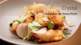  Presentation with porcelain - Audience pleasing presentation consisting of fish-tempura-with-cilantro-herb backdrop and a coral colored foreground