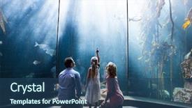  Presentation with tank - Audience pleasing slides consisting of daughter pointing a fish while her mother and father looking at fish tank backdrop and a ocean colored foreground