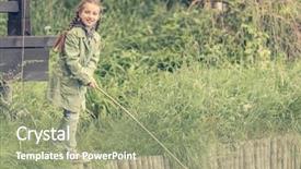  Presentation with fisher - Slide deck with fisher girl with a rod on a river bank background and a seafoam green colored foreground