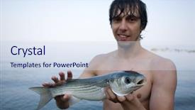  Presentation with fisher - PPT theme consisting of fisher holds a freshly caught sea mullet sea of japan background and a sky blue colored foreground