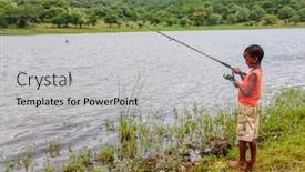  Presentation with lake fish - Presentation design consisting of fisherman african kid catching a fish by the lake in the bush in botswana background and a light gray colored foreground