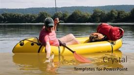  Presentation with boat river - PPT theme featuring fisherman-caught-a-fish background and a gold colored foreground