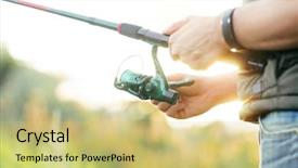  Presentation with fish river - Amazing presentation having fisherman with a spinning rod catching fish on a river man on a weekend hobby leisure and active summer and autumn concept nature background backdrop and a yellow colored foreground