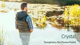  Presentation with fish river - Presentation enhanced with fisherman with a spinning rod catching fish on a river man on a weekend hobby leisure and active summer and autumn concept rural background background and a sky blue colored foreground