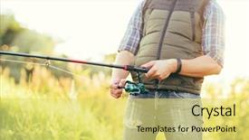  Presentation with fish river - Amazing presentation theme having fisherman with a spinning rod catching fish on a river man on a weekend hobby leisure and active summer and autumn concept rural background backdrop and a yellow colored foreground