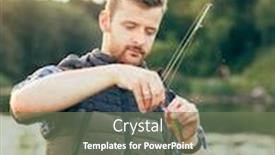  Presentation with fish river - PPT theme consisting of fisherman with a spinning rod and bait lure wobbler catching fish on a river man on a weekend hobby leisure active summer and autumn concept nature background background and a violet colored foreground