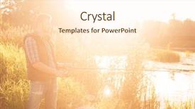  Presentation with fish river - Presentation having fisherman with a spinning rod catching fish on a river man on a weekend hobby leisure and active summer and autumn concept rural background background and a cream colored foreground