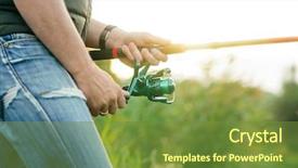  Presentation with fish river - Slide deck with fisherman with a spinning rod catching fish on a river man on a weekend hobby leisure and active summer and autumn concept nature background background and a tawny brown colored foreground