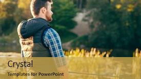  Presentation with fish river - Presentation design having fisherman with a spinning rod catching fish on a river man on a weekend hobby leisure and active summer and autumn concept rural background background and a yellow colored foreground