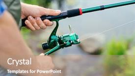  Presentation with fish river - Audience pleasing slide set consisting of fisherman with a spinning rod catching fish on a river man on a weekend hobby leisure and active summer and autumn concept nature background backdrop and a coral colored foreground